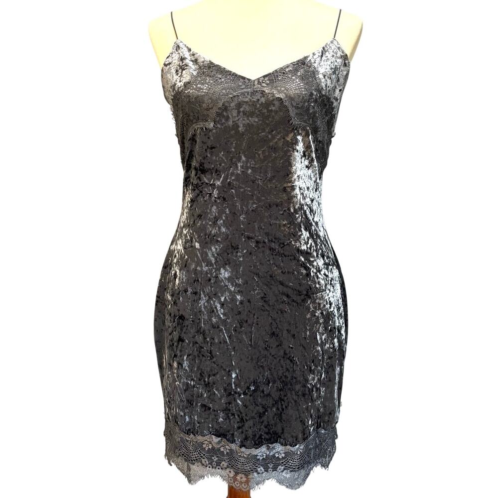Y2K GUESS Crushed Velvet Lace Trim Slip Dress Grey Gothic Grunge Bodycon Mini